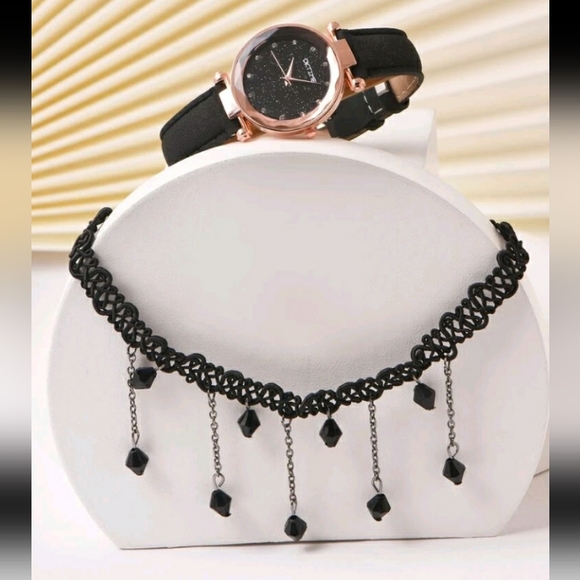 New Starry Sky Dial Round Pointer Quartz Watch and Necklace Set - Picture 4 of 7